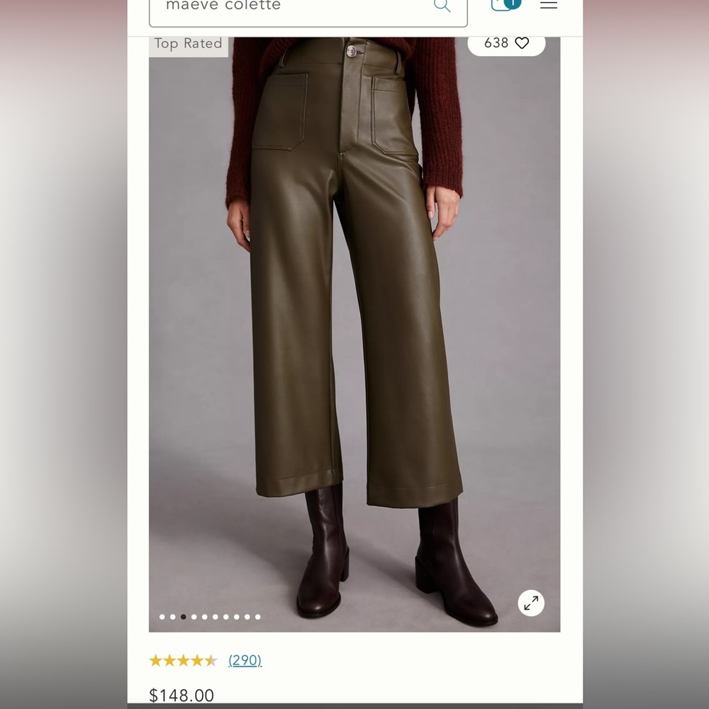 Maeve Colette Leather army green cropped pants. Size 30